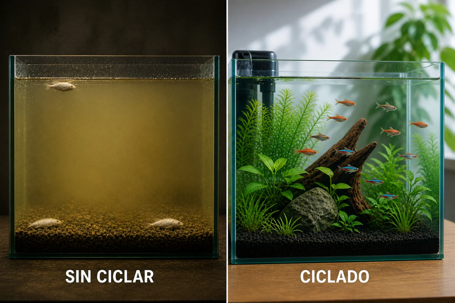 Comparativa visual entre acuario sin ciclar (agua amarilla turbia con peces enfermos) y acuario ciclado (agua cristalina con plantas y peces sanos)