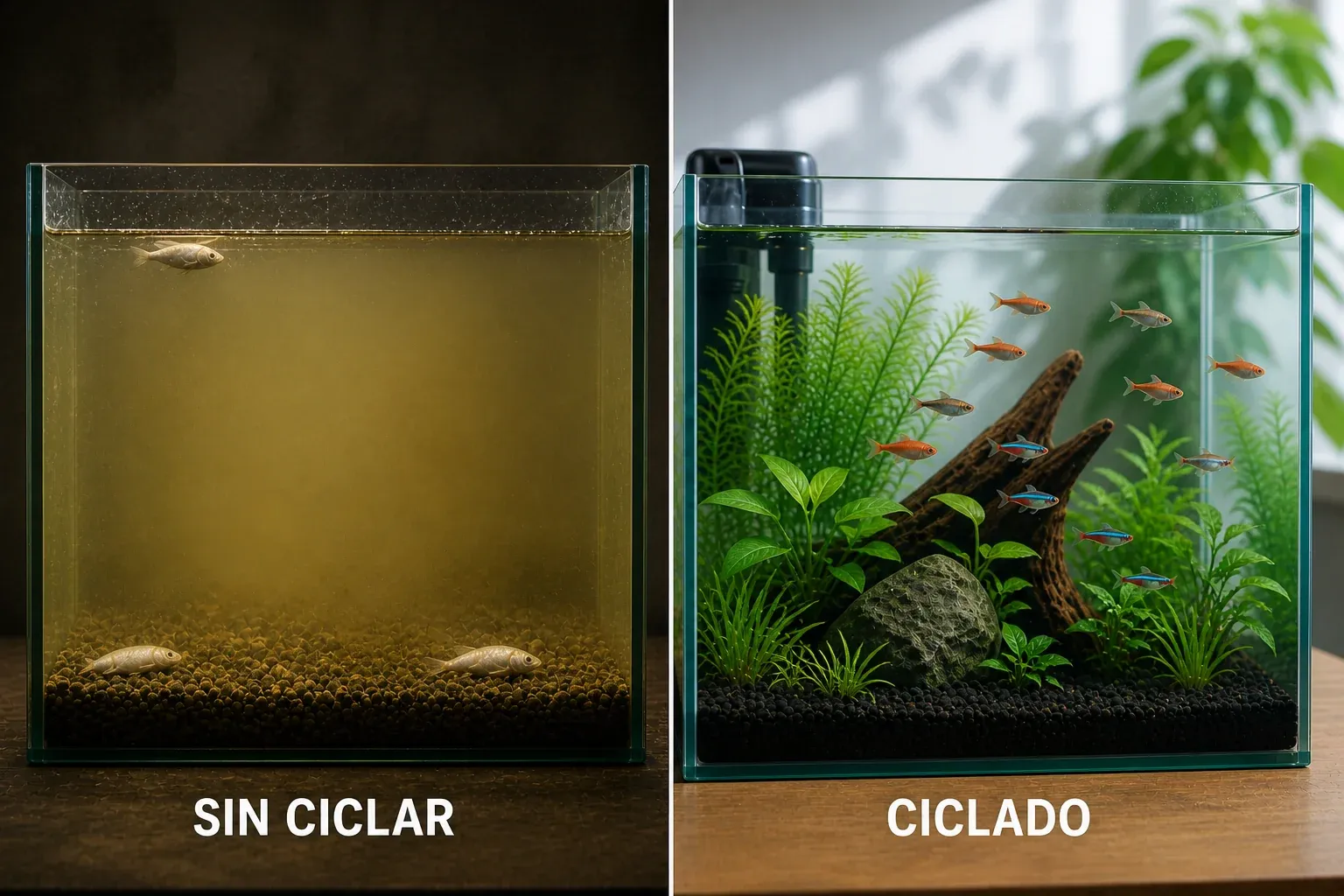 Comparativa visual entre acuario sin ciclar (agua amarilla turbia con peces enfermos) y acuario ciclado (agua cristalina con plantas y peces sanos)