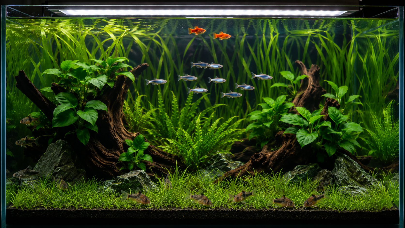 Acuario plantado de 100 litros con cardumen de cebritas, coridoras en el sustrato y plantas vallisneria al fondo