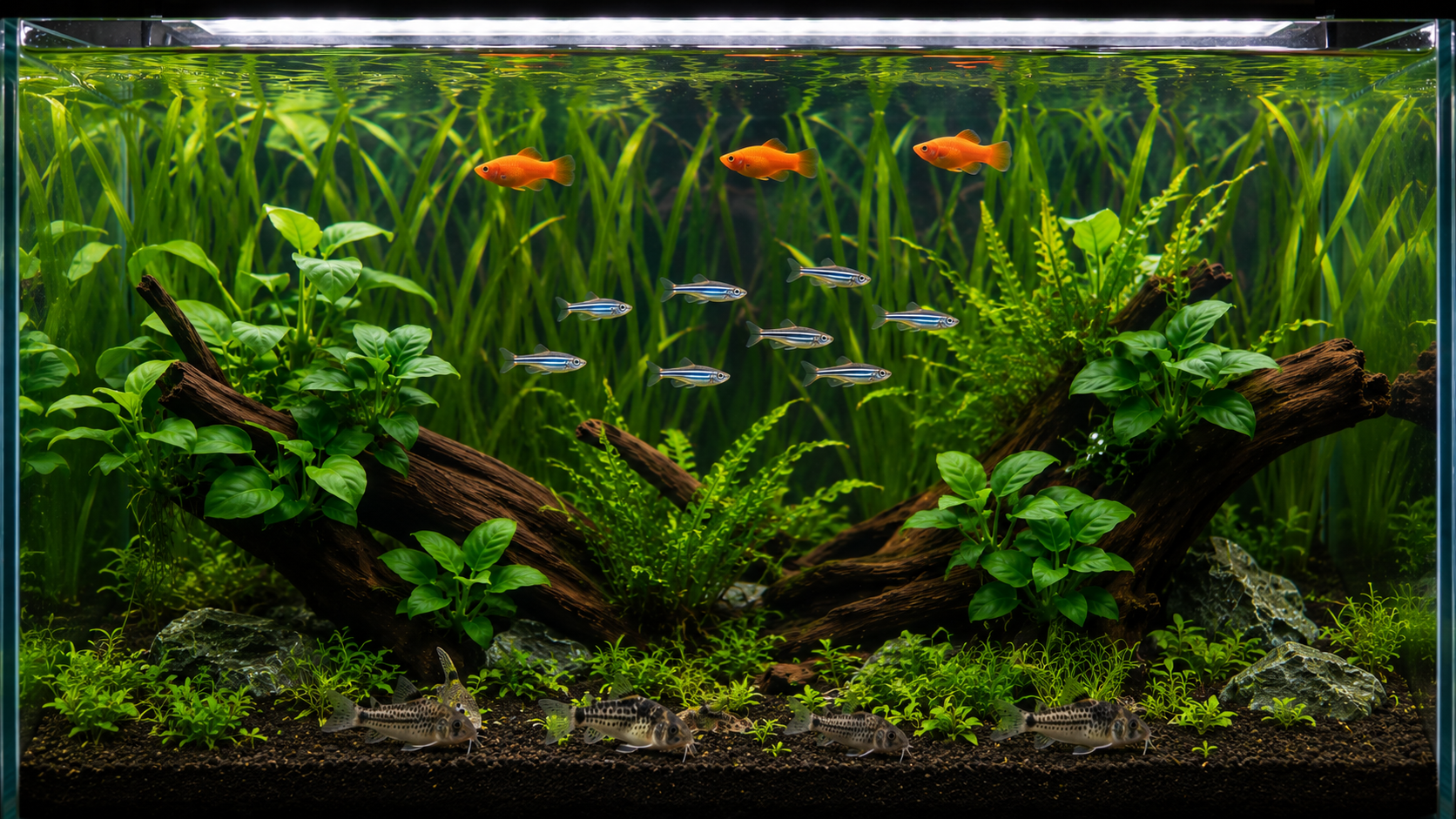 Acuario plantado de 100 litros con cebritas, coridoras y mollys conviviendo en distintos niveles del agua