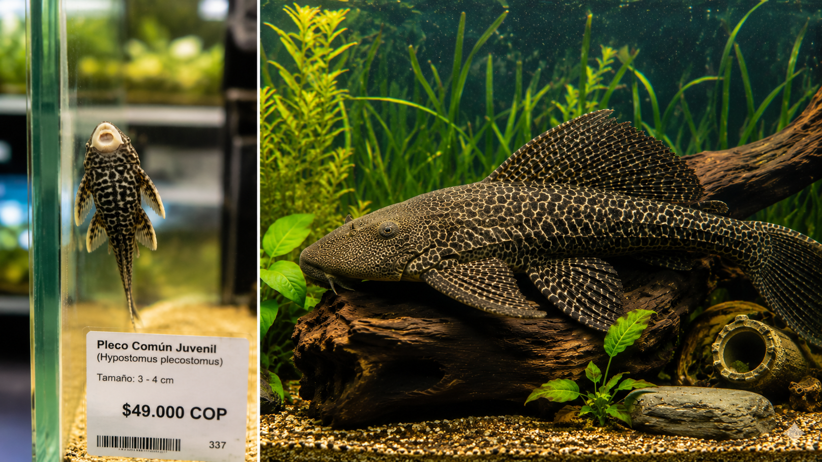Comparativa visual: pequeño juvenil de pleco común de 4 cm al lado de pleco adulto de 40 cm en acuario