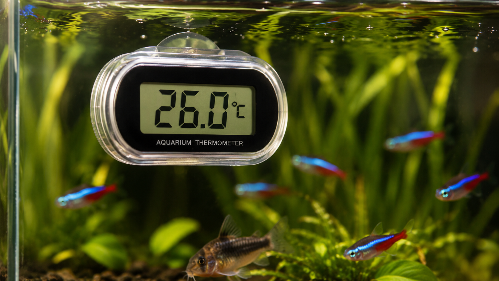 Termómetro digital sumergido en acuario marcando 26°C con peces tropicales nadando al fondo