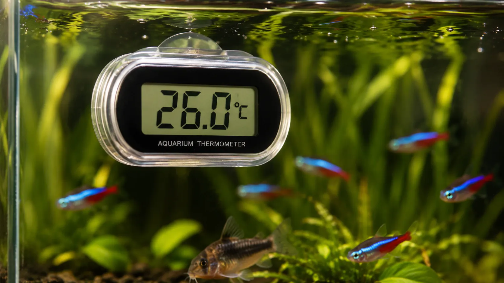 Termómetro digital sumergido en acuario marcando 26°C con peces tropicales nadando al fondo